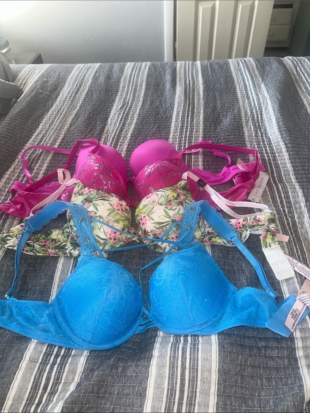 Women's Floral & Lace Bra Set - Blue, Pink, Floral - Unbranded